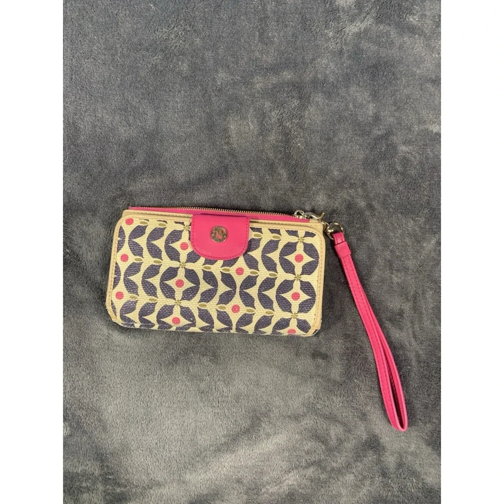 Spartina 449 Snap Wallet Genuine Leather Wristlet Pink Accents Geometric Design